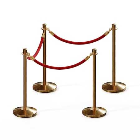 Stanchion Post And Rope Kit Sat.Brass, 4 Crown Top 3 Red Rope